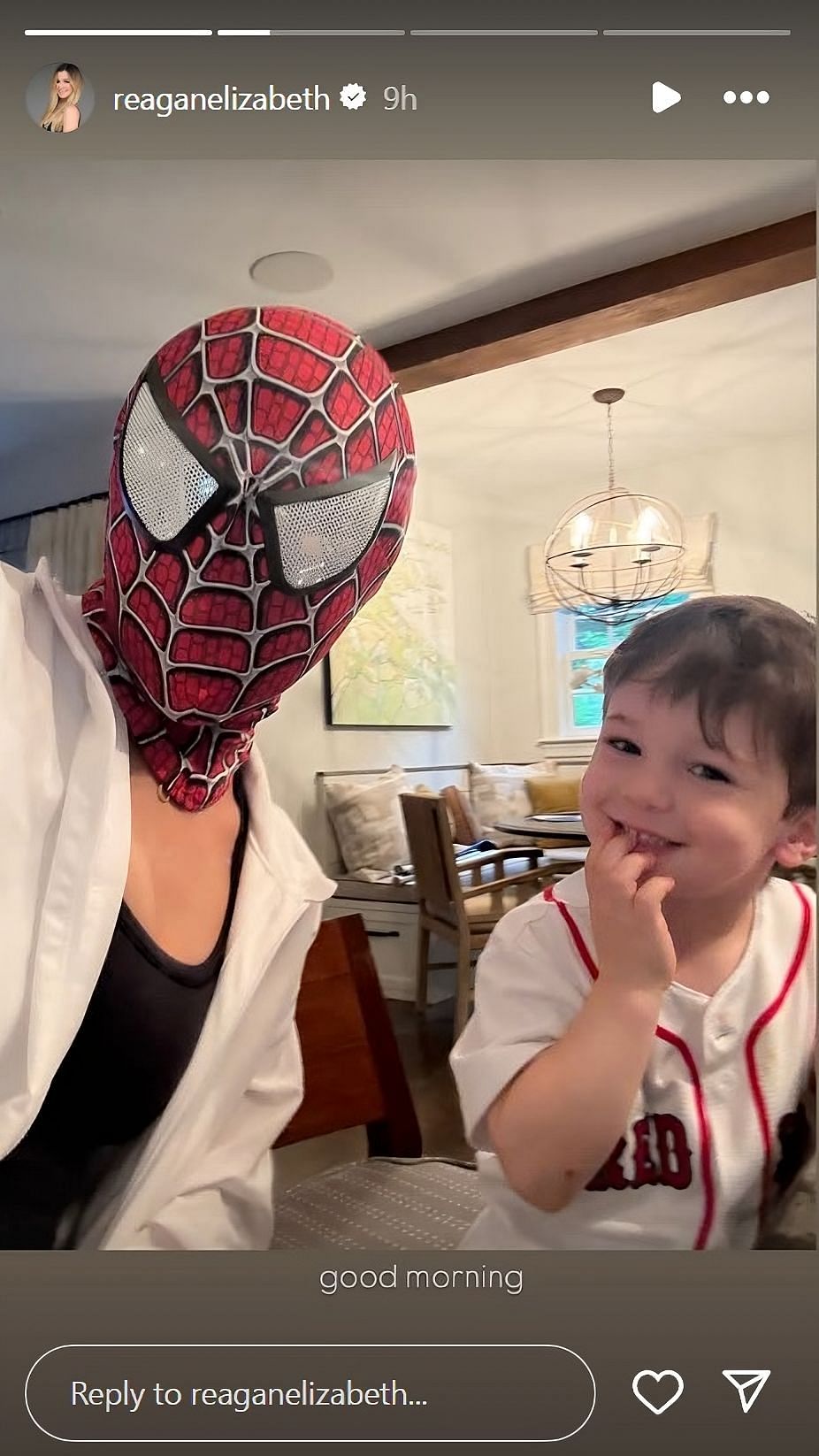 Alex Bregman’s wife Reagan rocks Spider-Man mask (via Instagram story)